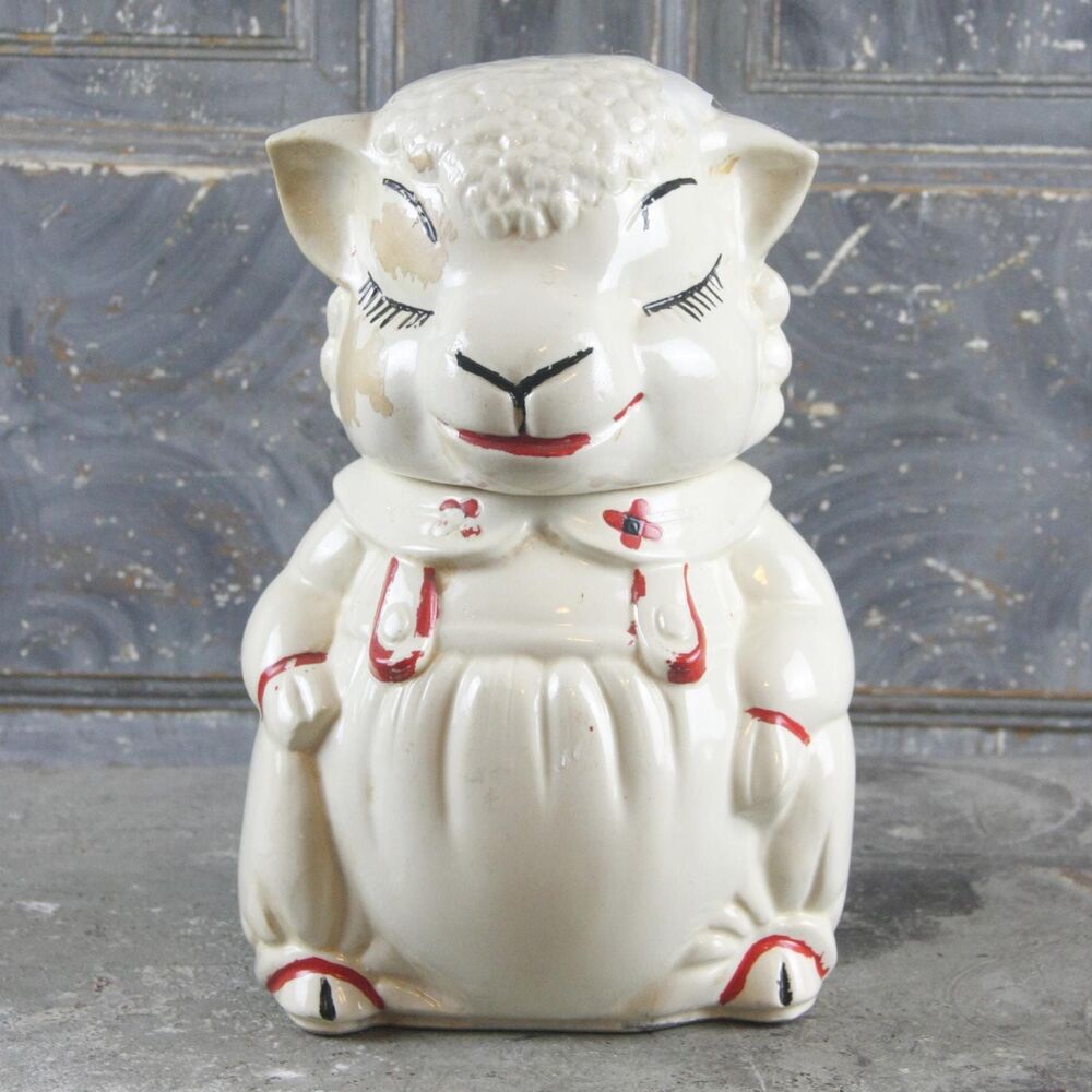 Sheep lamb cookie jar dressed in overalls, American Bisque ABCO Pottery vintage
